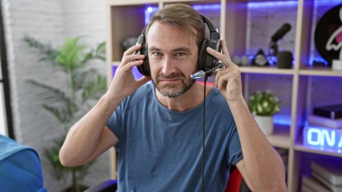 一名西班牙中年男子将耳机放在一间晚上被紫色灯光照亮的现代游戏室里。