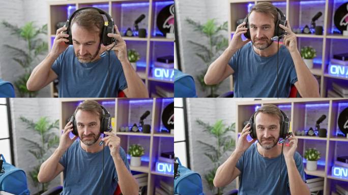 一名西班牙中年男子将耳机放在一间晚上被紫色灯光照亮的现代游戏室里。