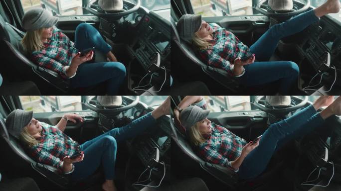 疲惫的女卡车司机躺在卡车驾驶室里休息放松