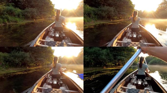 日落时分在郁郁葱葱的大自然中划独木舟探险