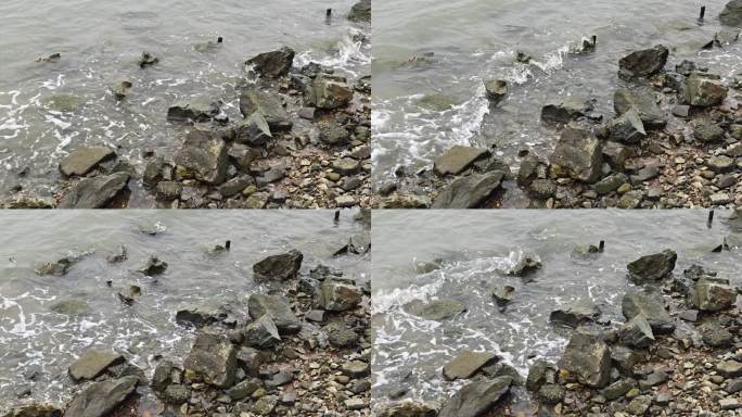 江水拍打岸边的岩石
