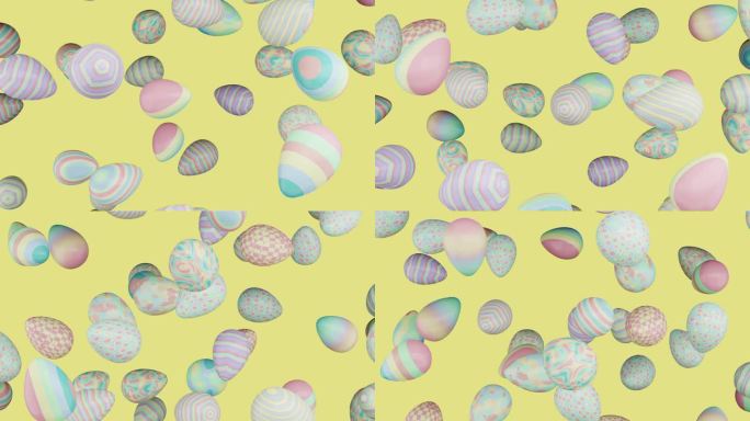 彩色复活节彩蛋落在黄色背景无缝循环3D渲染。各种彩蛋图案，复活节快乐。耶稣受难的日子