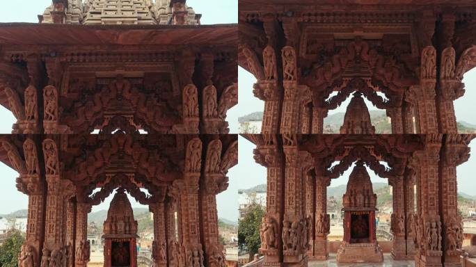 印度神庙，美丽的砂岩雕刻的女性女神和神灵雕刻在寺庙的柱子墙上