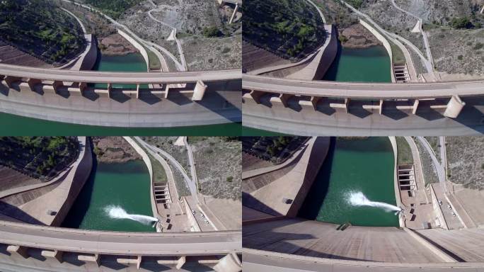 大坝溢洪道。重力坝和水库。鸟瞰图中的多莉大坝溢洪道和水电厂正在上升。可再生能源。水力发电。