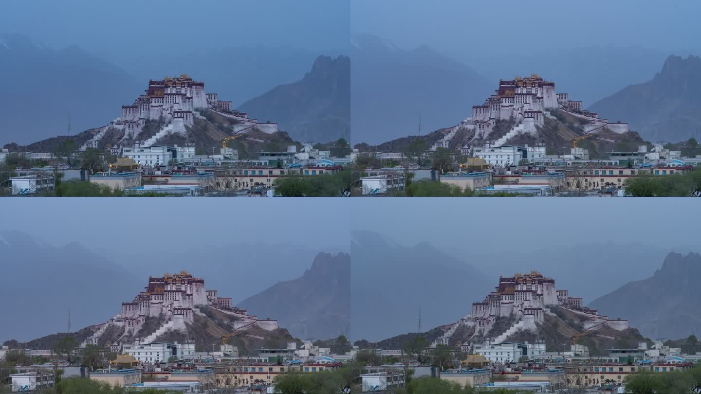 西藏拉萨布达拉宫地标宫殿晨雾日出延时