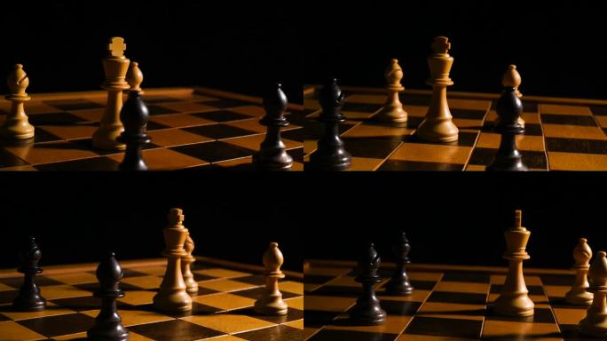 移动镜头的国王和卒棋子在棋盘上的黑色背景。
