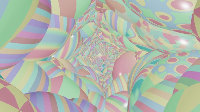 彩色复活节彩蛋隧道旋转背景无缝循环3D渲染。各种彩蛋图案，复活节快乐。耶稣受难的日子