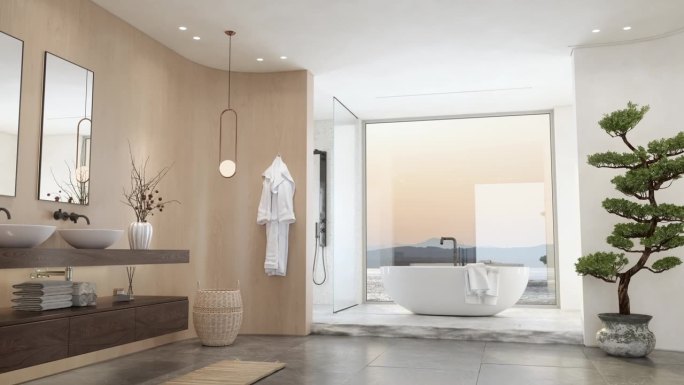 豪华浴室内部配有浴缸，盆栽植物和窗外的海景