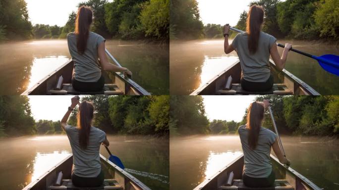 夕阳下，活跃的年轻女子在河上划着独木舟
