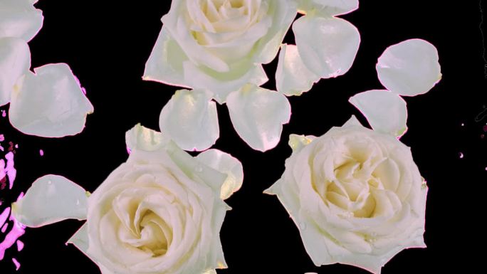 白玫瑰的花朵和花瓣漂浮在水面上，在水面上荡起涟漪。包括Alpha通道。