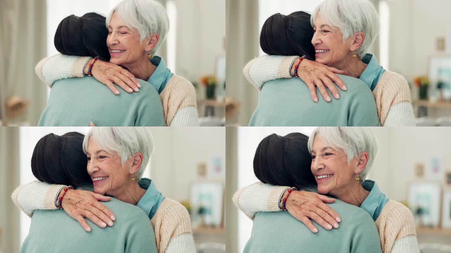 快乐的老年妇女，拥抱和老人照顾感谢你，感激或支持照顾者在家里。在信任、幸福或房子中拥抱医疗或保健工作