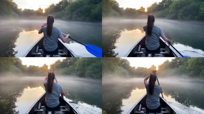 女子在独木舟探索令人惊叹的迷雾河