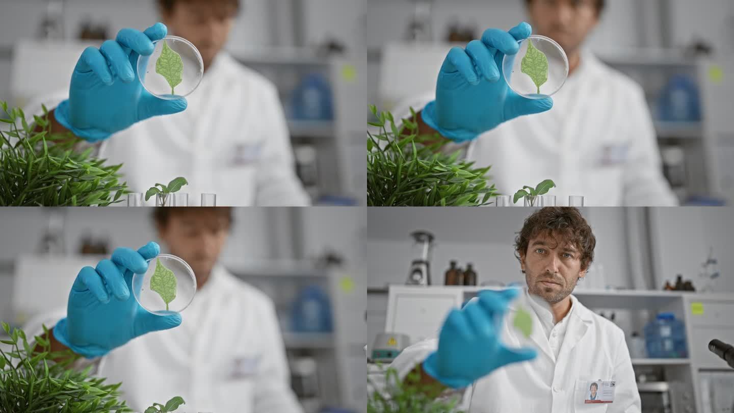 一名男子在设备齐全的实验室里检查培养皿中的一片叶子，建议进行科学研究或植物学研究。