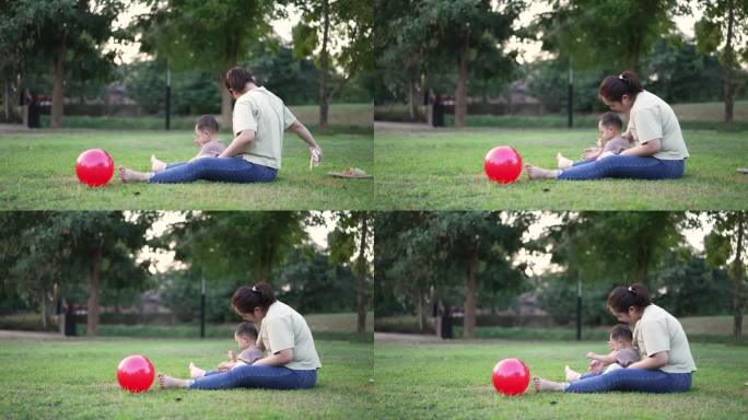 母亲和儿子在户外公园放松