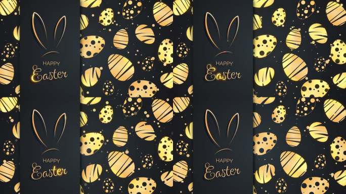 兔子耳朵和节日贺卡与题词复活节快乐黑色背景。带有图案的金色复活节彩蛋。循环动画。