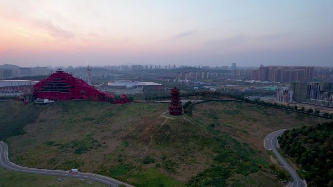 蚌埠城市龙子湖湖上升明月夕阳落日风景航拍