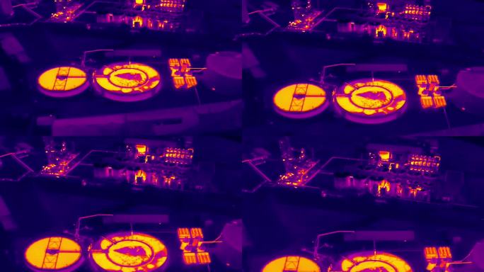 带有工厂和仓库的工业区的航空红外热视图，紫色和黄色色调