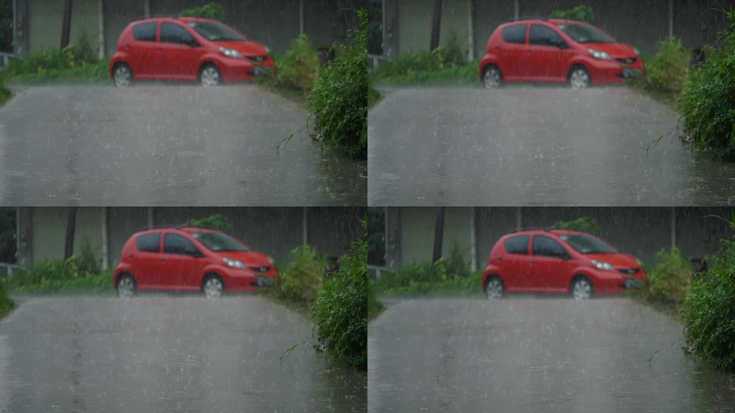 雨红色小车路路上雨滴意境雨景