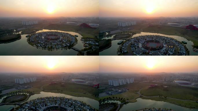 蚌埠城市龙子湖湖上升明月夕阳落日风景航拍