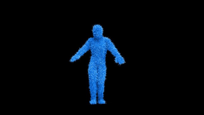 蓝色3D毛角色在空舞台上跳舞。循环与Luma通道。