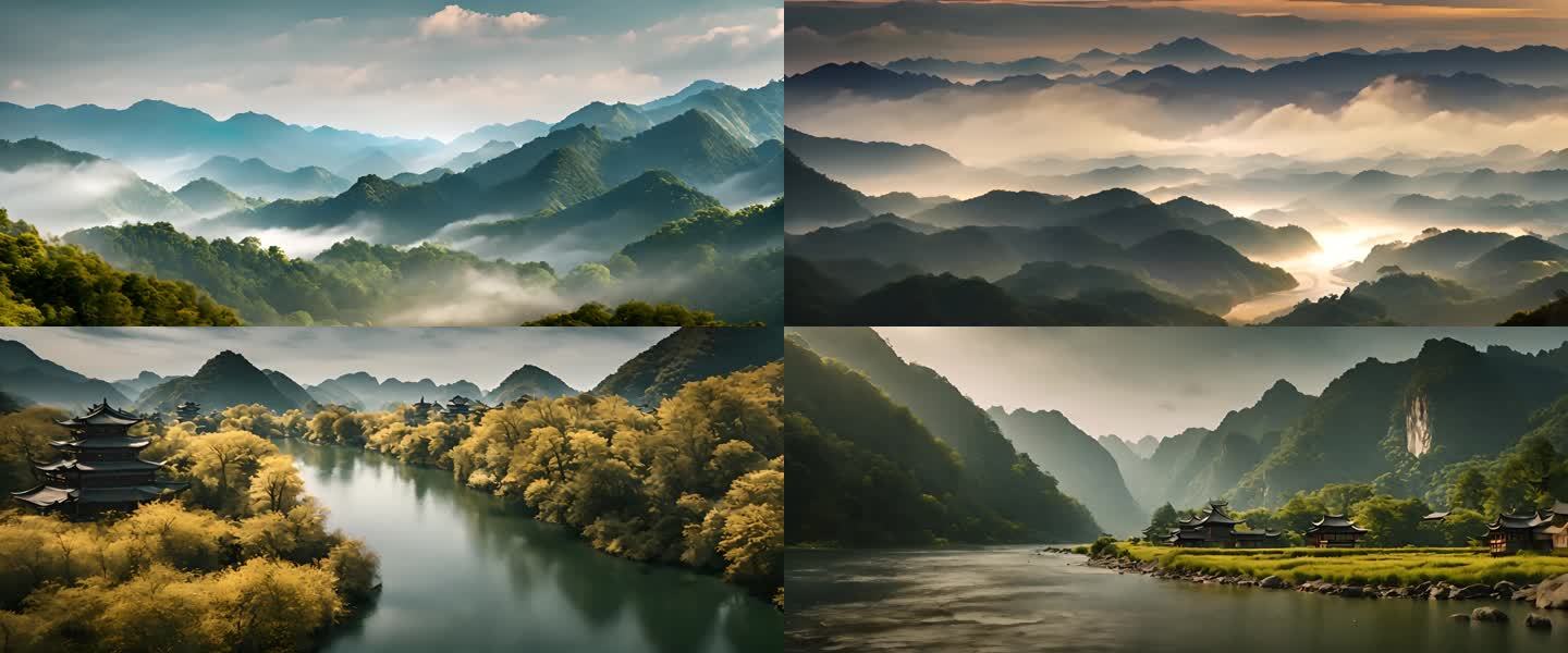 宽屏上春山 中国风水墨山水画 舞台背景