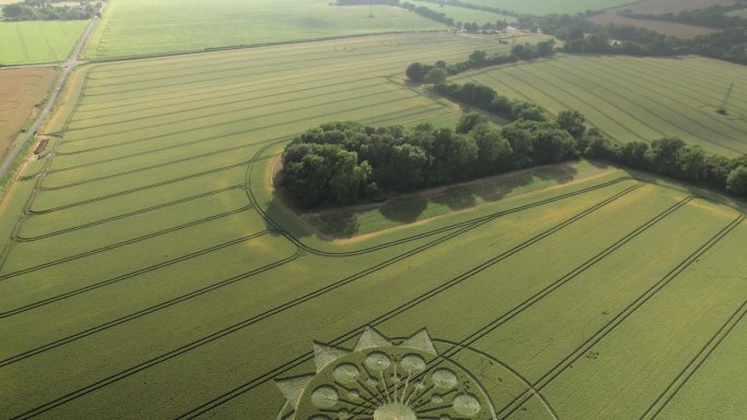 复杂的麦田圈设计在农田，高角度航空回拉视图
