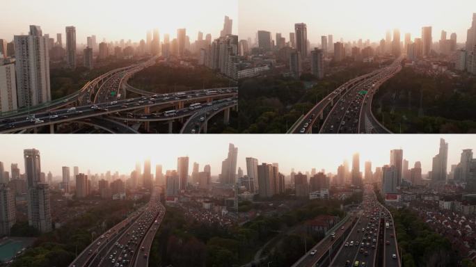 4k航拍上海四通八达的高速路夜景延时