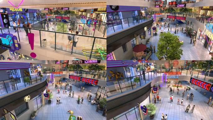 俯拍商业广场外街人群漫游动画