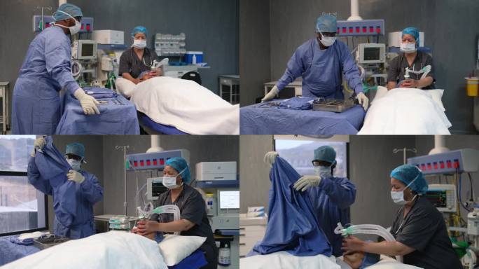 外科医生将无菌手术设备托盘带到手术台上，为手术做好准备