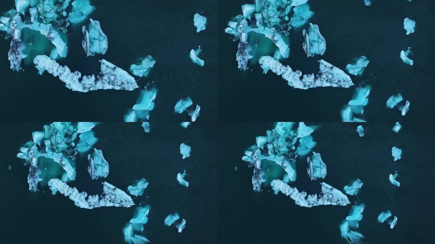 冰岛日出时，Jokulsarlon冰川泻湖的冰山正在融化。空中俯视图