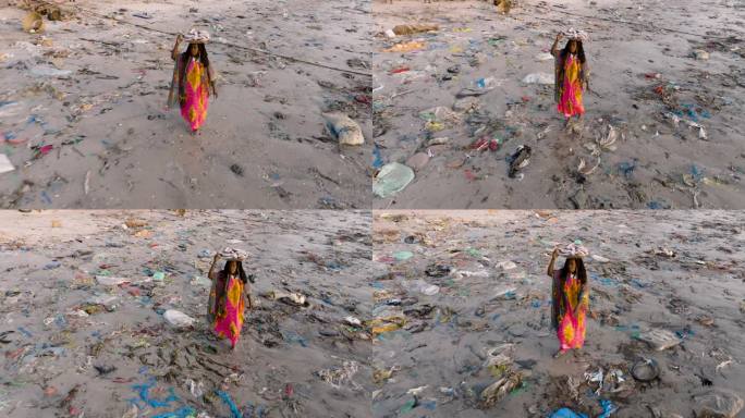 空中跟踪特写。在塞内加尔的达喀尔，一名卖鱼的黑人妇女头上顶着一个篮子，穿过鱼市海边可怕的塑料污染