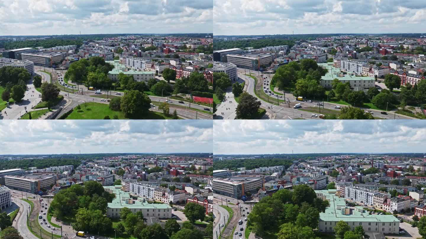 德国罗斯托克Kröpeliner-Tor-Vorstadt鸟瞰图。
