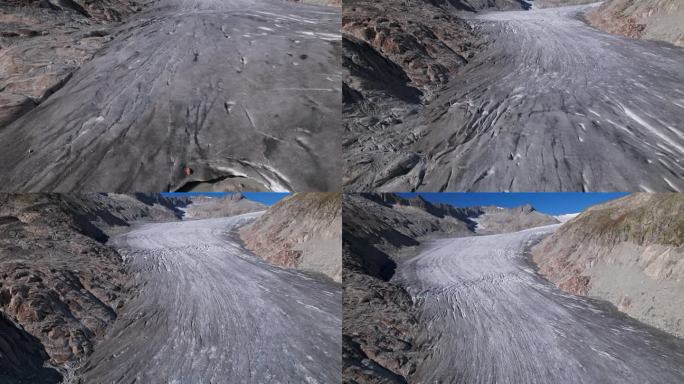 罗纳冰川(Rhonegletscher)和瀑布的鸟瞰图，靠近弗尔卡山口，瓦莱州，瑞士。从30帧每秒加