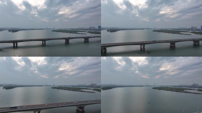 航拍襄阳汉江长虹大桥城市建筑风光