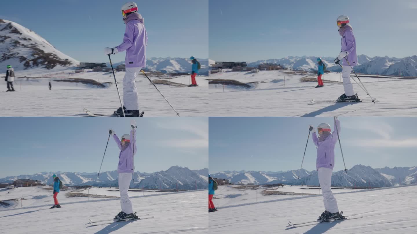在一个阳光明媚的冬日，十几岁的孩子们在阿尔卑斯山的一个滑雪胜地一起滑雪