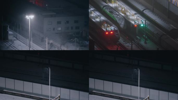 4k雪夜铁路机车升格特写空镜头