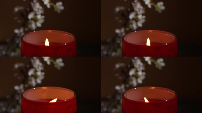 一支点燃的蜡烛插在一个红色的玻璃盒子里，背景是盛开的丁香枝。