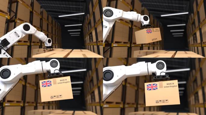 机器人手臂正在举起一箱英国制造的产品