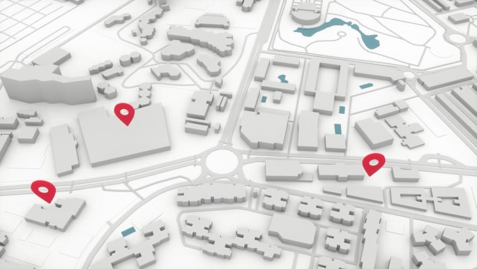 城市鸟瞰图与点地图。位置点在街道城市