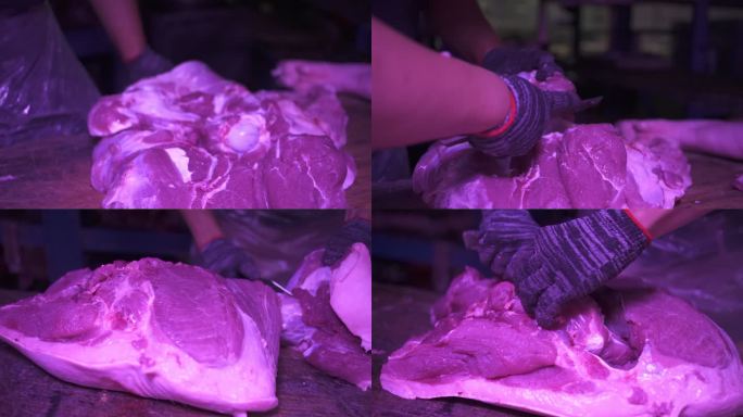 猪肉摊位切割猪肉实拍