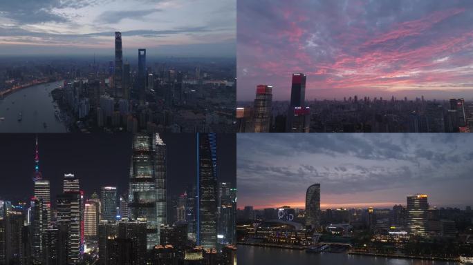 上海外滩航拍日落夜景素材