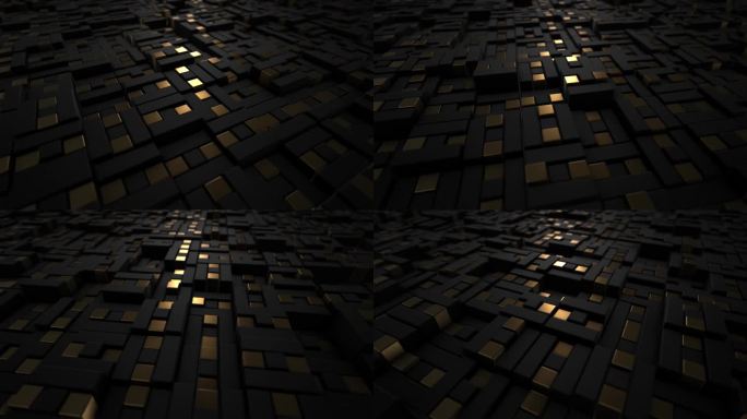 深黑色和金色的抽象背景与大量随机浮动的三维块。现实的豪华壁纸的商业，金融和商业成功。3D渲染，视频4