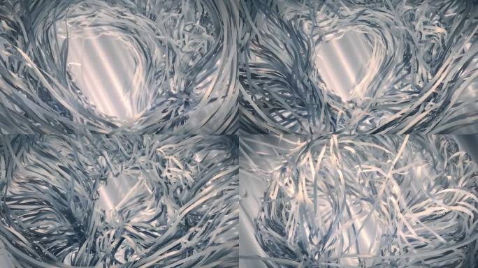 三维的条状织物交织在一起，在漩涡中旋转，被明亮的光线穿透。3d渲染数字动画4K