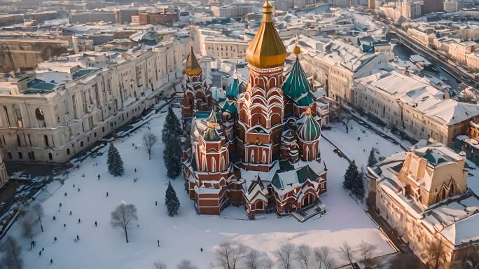 莫斯科红场冬雪圣巴西尔大教堂航拍