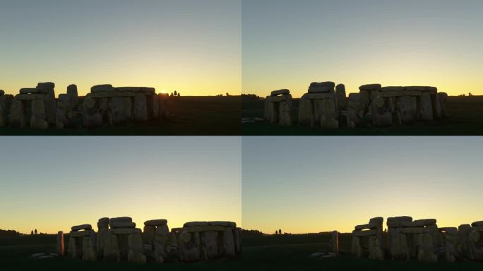 威尔特郡索尔兹伯里平原上的巨石阵的空中日落无人机视图。联合王国