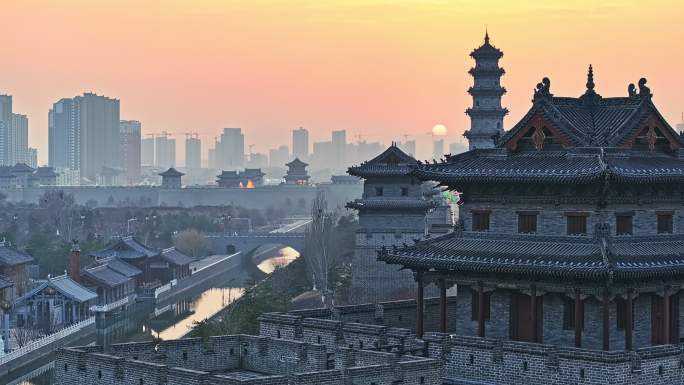 大同城市古建筑航拍文化景观落日