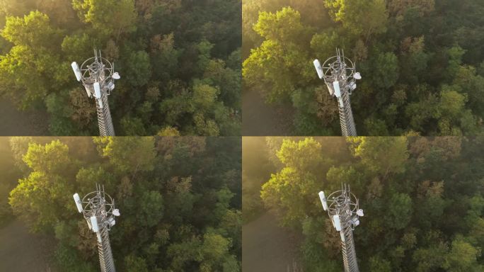 鸟瞰图:在茂密的森林中进行蜂窝连接的电信塔