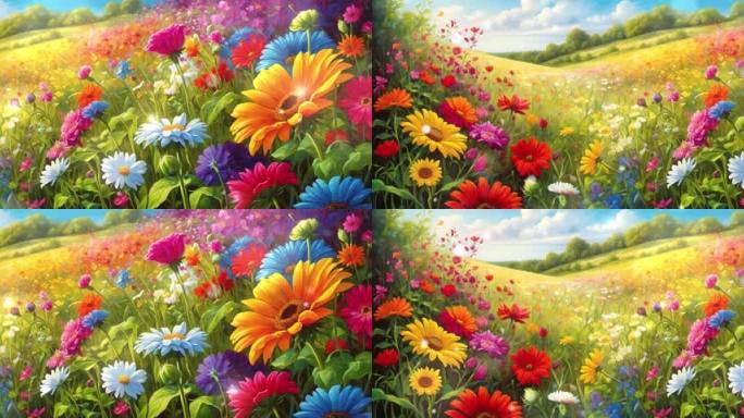 8K宽屏大屏手绘艺术油画花丛花海鲜花背景