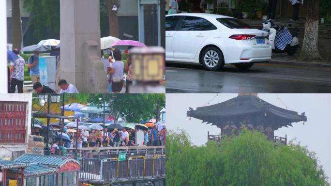 江苏苏州姑苏寒山寺江南水乡下雨季游客风景