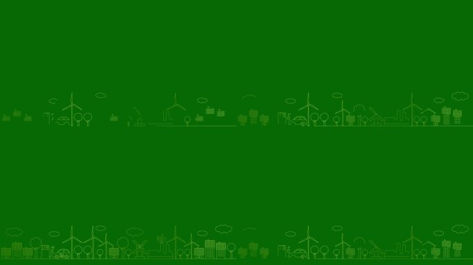绿色能源城市的动画线性金色图标。绘制线条符号。可持续发展、环保、可再生能源、绿色科技的理念。插图孤立